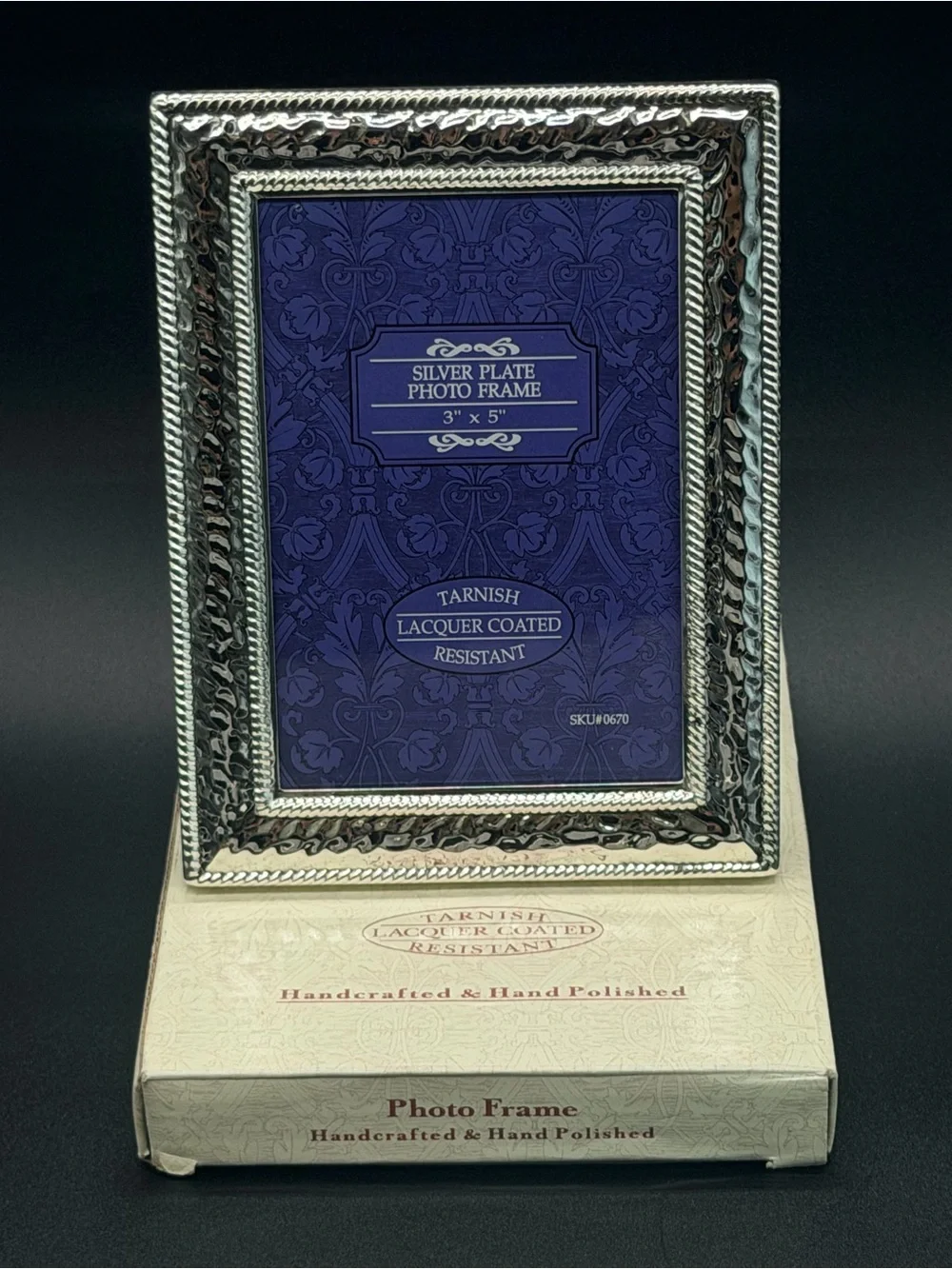 NIB Silver Plated 3x5 Photo Frame Hammered Metal Rope Trim Elegant Tabletop